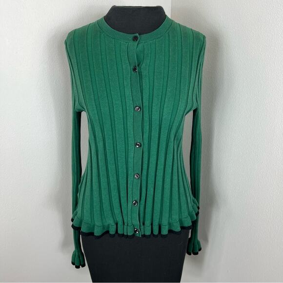 Ann Taylor Cardigan Kelly Green Ribbed Ruffle Lettuce Hem Sleeve Knit Sweater - Picture 1 of 5